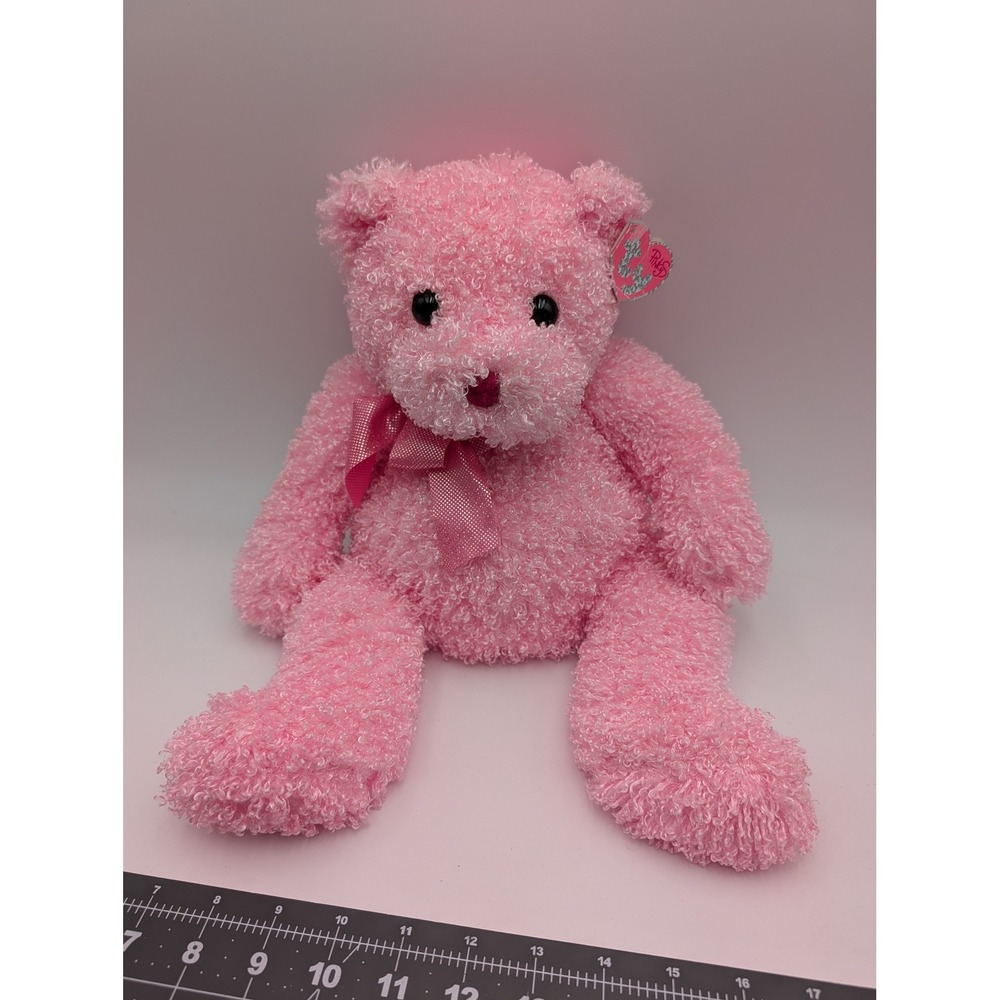 Ty Pinkys‎ Shimmers Plush Bear Pink Curly Fur Satin Bow 2004 16 Inch Stuffed